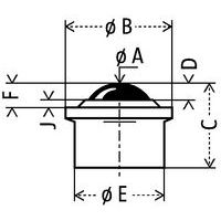 - Ø A : bille Ø- Ø B : Ø hors tout- C : hauteur hors tout- D : dépassement de la bille- Ø E : Ø utile- F : dépassement de la bille avec renfort- J : platine ép.