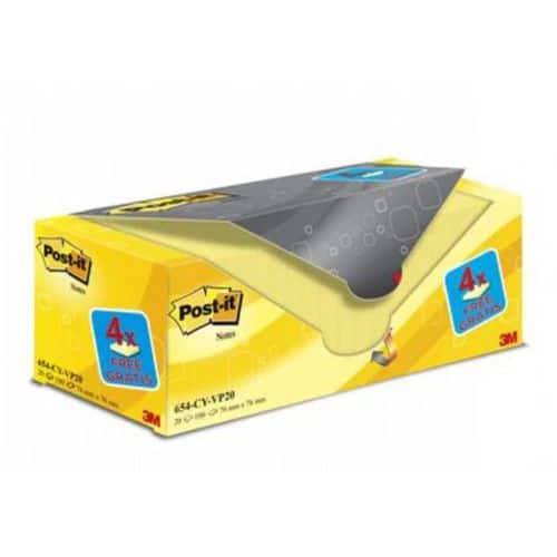 Karteczki samoprzylepne POST-IT® (654CY-VP20), 76x76mm, (16+4)x100 kart., żółte, 4 bloczki GRATIS