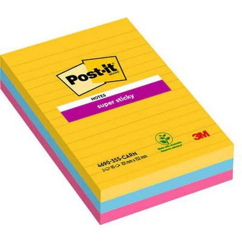 Bloczek samoprzylepny POST-IT® Super Sticky w linie (4690-SS3RIO-EU), 101x152mm, 3x90 kart.