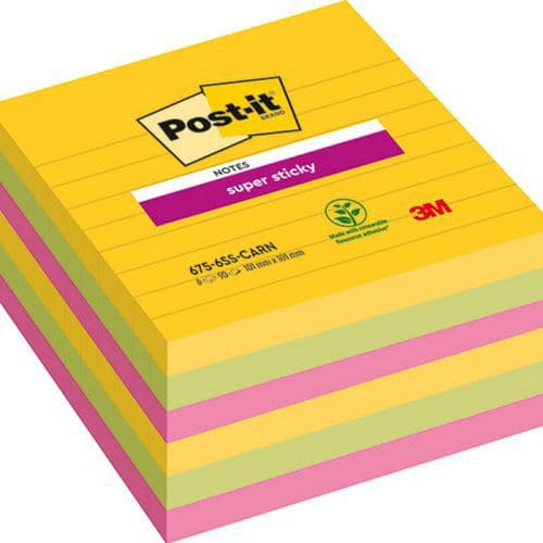 Karteczki samoprzylepne Post-it® Super Sticky XL, CARNIVAL, w linię, 101x101mm, 6x90 kart.