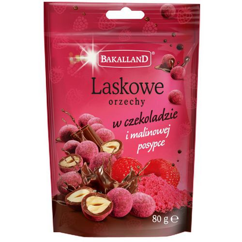 Orzechy laskowe w czekoladzie i malinowej posypce BAKALLAND, 80g