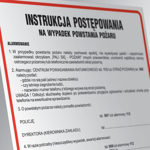 Instrukcja postępowania w przypadku powstania pożaru 24,5 X 35 nieświec. płyta cienka PCV