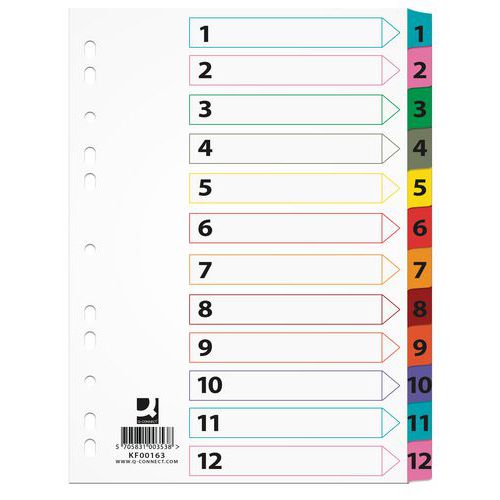 Przekładki Q-CONNECT Mylar, karton, A4, 225x297mm, 1-12, 12 kart, lam. indeks, mix kolorów