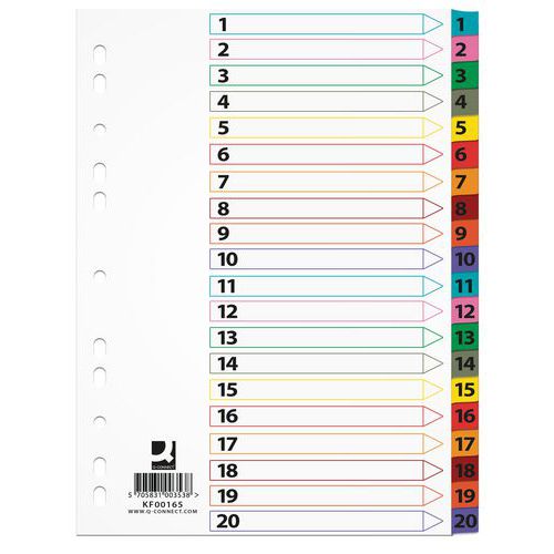 Przekładki Q-CONNECT Mylar, karton, A4, 225x297mm, 1-20, 20 kart, lam. indeks, mix kolorów