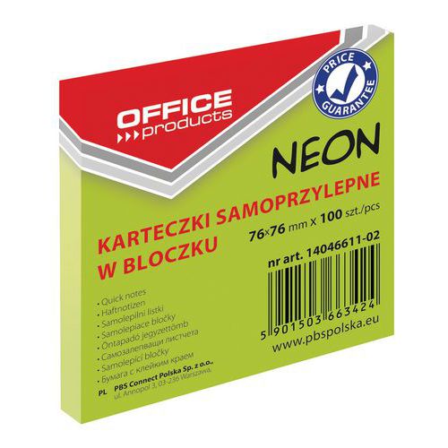 Bloczek samoprzylepny OFFICE PRODUCTS, 76x76mm, 1x100 kart., neon