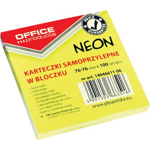 Bloczek samoprzylepny OFFICE PRODUCTS, 76x76mm, 1x100 kart., neon