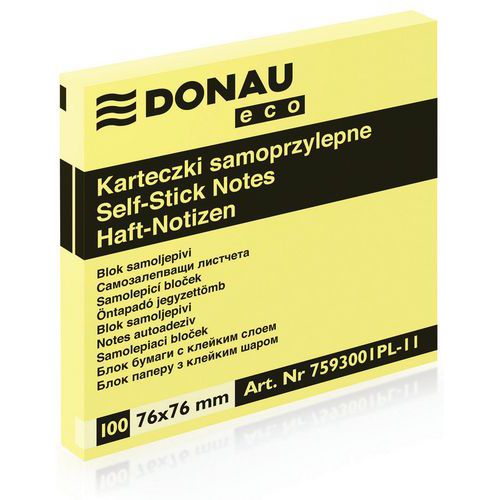 Bloczek samoprzylepny DONAU Eco, 76x76mm, 1x100 kart., jasnożółty