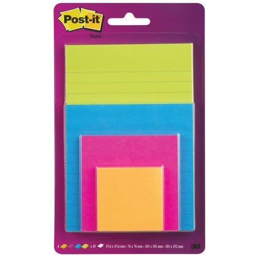 Bloczek samoprzylepny POST-IT® Super Sticky (4622-SSEU), mix rozmiarów, 4x45 kart., zawieszka, mix kolorów