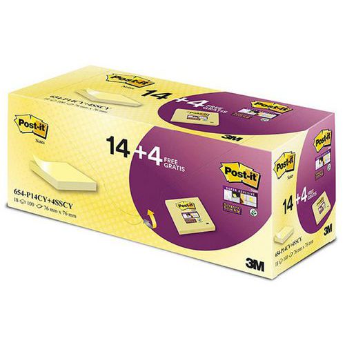 Karteczki samoprzylepne POST-IT® (654-P14CY+4SSCY), 76x76mm, 14+4x90 kart., żółte, GRATIS