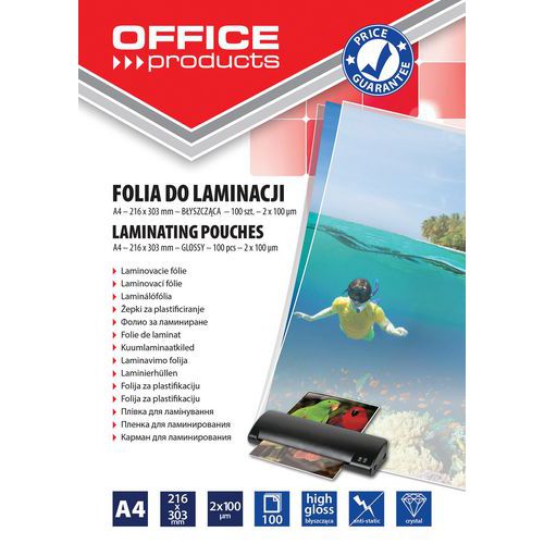 Folia do laminowania OFFICE PRODUCTS, A4, 2x100mikr., błyszcząca, 100szt., transparentna