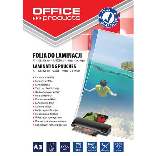 Folia do laminowania OFFICE PRODUCTS, A3, 2x100mikr., błyszcząca, 100szt., transparentna