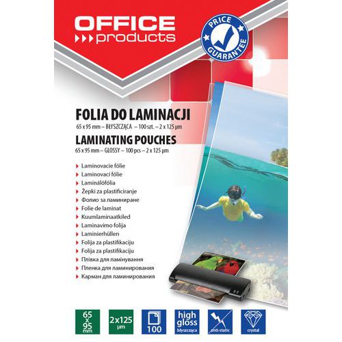 Folia do laminowania OFFICE PRODUCTS, 65x95mm, 2x125mikr., błyszcząca, 100szt., transparentna