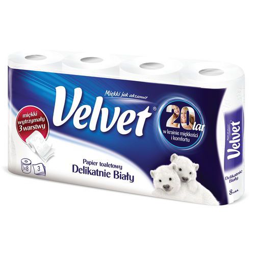 Papier toaletowy celulozowy VELVET Delikatnie Biały, 3-warstwowy, 162 listki, 8szt., biały