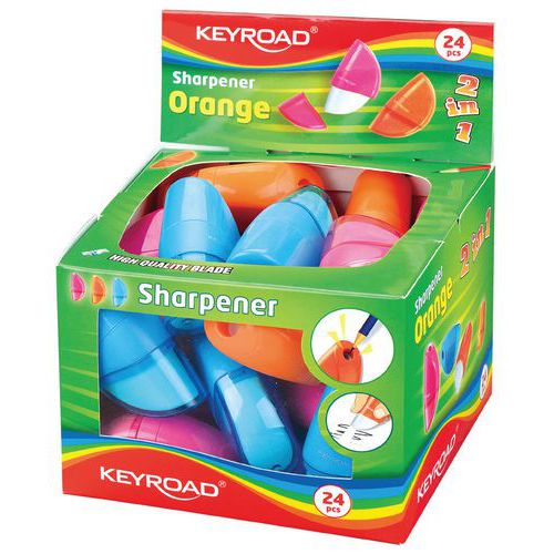 Temperówka KEYROAD Orange, plastikowa, pojedyńcza, z gumką, pakowane na displayu, mix kolorów