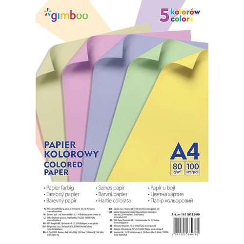 Papier kolorowy GIMBOO, A4, 100 arkuszy, 80gsm, 5 kolorów pastelowych