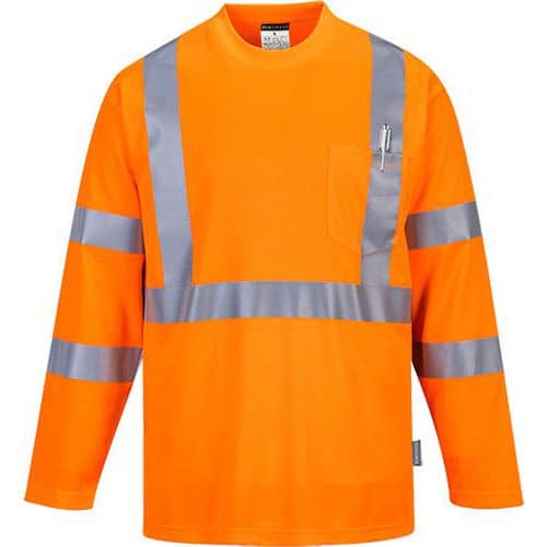 T-shirt ostrzegawczy z długimi rękawami i kieszonką, pomarańczowy